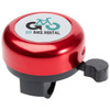 A red bicycle bell with a black base and a lever, featuring a logo on a white circle.