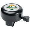 A black bicycle bell with a circular top featuring a logo and a lever on the side for ringing.