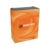 An orange box with a swirl design and a logo, featuring packaging for a tech product.