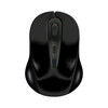 A black wireless mouse with a sleek design and an ergonomic shape. It features a central button and has a logo.