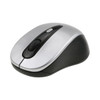 A wireless mouse featuring a silver top and black base, with a scroll wheel and buttons, including a logo.