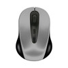 A grey and black wireless mouse with a sleek design and an embedded logo.