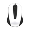 A wireless mouse featuring a sleek white and black design, with a simple button layout and an embedded logo.