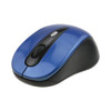 A wireless mouse in blue and black with a smooth finish and a scroll wheel, featuring a brand logo.