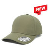 A khaki cap with a rounded crown and a curved brim, featuring a logo on the front and a badge.