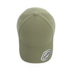 A green cap with a rounded top and a logo patch on the side.
