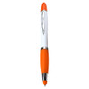 An orange and white ballpoint pen with a glossy finish and a silver clip.