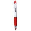 A ballpoint pen with a white body, red accents, and a clip. It features a silver section and has a logo.