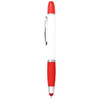 A ballpoint pen with a white barrel and red accents, featuring a clip and a smooth writing tip.