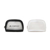 A waterproof transparent cosmetic bag in black and white, featuring a logo on each side.