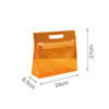 An orange transparent cosmetic pouch with a handle and a zipper pocket, featuring measurements of 24cm x 21cm x 6.5cm.