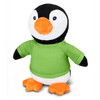 A plush penguin toy wearing a green shirt, with black, white, and orange features. It has a friendly expression.