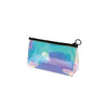 A holographic cosmetic bag with a transparent, iridescent design and a black zip closure. Includes a ring for easy carrying.