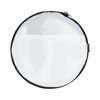 A round, mesh bag with a black zipper and trim, featuring a transparent white exterior.