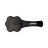 A black pet food scoop with a paw-shaped scoop head and a handle, featuring a logo.