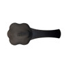 A black pet food scoop with a flower-shaped scoop end and a flat handle, featuring a logo.