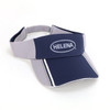 A navy and grey mesh knit visor featuring a logo, designed for headwear.