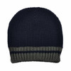 A knitted beanie in navy blue and grey, featuring a striped design and a logo on the cuff.