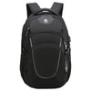 A black backpack featuring multiple compartments, zippers, and a logo on the front.