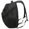 A black backpack with multiple compartments, featuring padded straps and a textured surface. It has a logo on the side.