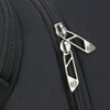 A close-up of a black backpack featuring dual silver zippers and a textured surface. The bag includes branding.