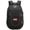 A black backpack with multiple compartments, featuring a logo and padded straps for comfort.