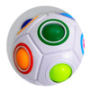 A fidget puzzle ball featuring vibrant colours like orange, green, blue, and red, with a smooth, white surface and logo.