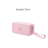 A pink silicone square cosmetic bag with a zip closure and a wrist strap, featuring a logo.
