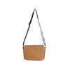 A tan polyurethane shoulder bag with a black adjustable strap and a front flap. It features a simple design and a logo.
