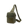 A tactical sling bag in olive green with multiple zippered pockets and an adjustable strap. It features a small Velcro patch area.