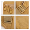 Four images of a tactical sling bag in sandy beige, highlighting zippers, a strap buckle, and a patch area.