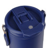 A drink bottle in dark blue, featuring a secure lid with a hinge and a small opening, includes a logo.