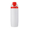 A drink bottle in white with a red lid, featuring a simple design and a logo.