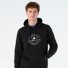 A black hooded sweatshirt featuring a logo on the front. The model is wearing it in a neutral background.