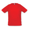 A red SOLS Sporty men's T-shirt featuring short sleeves and a crew neckline. It has a logo on the label.