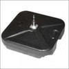 A black weighted base with a central screw for securing items, featuring a sturdy and flat design.