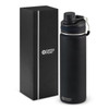 A drink bottle in matte black with a silver lid, packaged in a sleek black box featuring a logo.