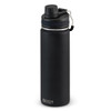 A drink bottle in matte black with a screw-on lid and a metal clip, featuring a logo on the side.