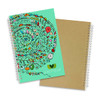 A medium-sized notebook with a vibrant turquoise cover featuring intricate floral designs and a plain kraft back.