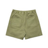 Faded green shorts featuring an elastic waistband and two back pockets. Includes a logo on the fabric.