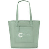 A mint green tote bag featuring a small front pocket and a logo. It has two shoulder straps for easy carrying.
