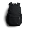 A black daypack with adjustable straps and a front pocket, featuring a branding logo.
