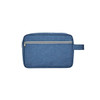 A blue toiletry bag with a handle and a zippered front pocket, featuring a simple design and a branding logo.