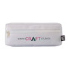A white pencil case with a zip closure and a logo featuring "Write Craft Studios" in colourful text.