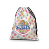 A medium satin gift bag featuring a colourful heart pattern and a sweets logo, with a drawstring closure.