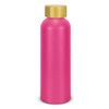 A drink bottle in vibrant pink with a wooden-look cap and a logo on the side.