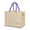 A cream cooler bag featuring purple handles and a zippered side pocket, designed for transport and storage.
