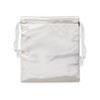 A small satin gift bag in a shimmering white colour with drawstring closures on either side.
