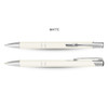 A matte white pen with silver accents, featuring a sleek design and a clip for attachment.