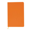 An orange A5 notebook with a smooth cover and a yellow ribbon marker. It features a logo on the cover.